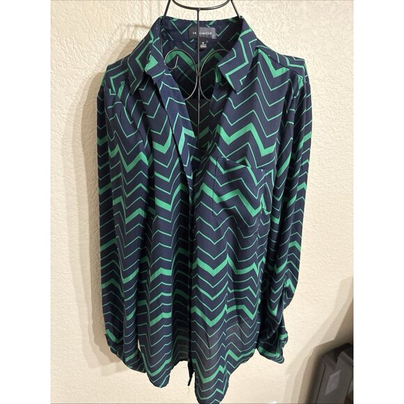 The Limited Zig Zag Long Sleeve Button Down Dress Blouse Size M blue Green - Picture 1 of 3